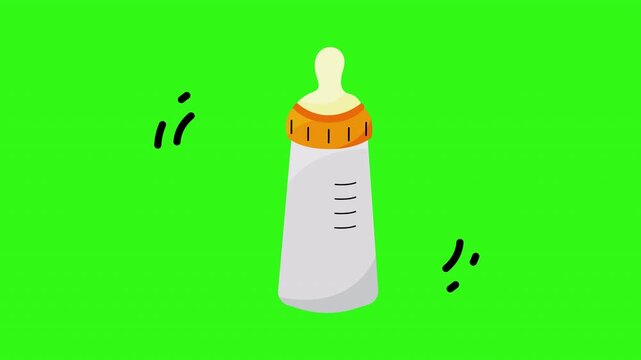 Plastic baby bottle with white container, rubber nipple, orange ring, and bright green background suitable for baby product advertisements and parenting blogs.