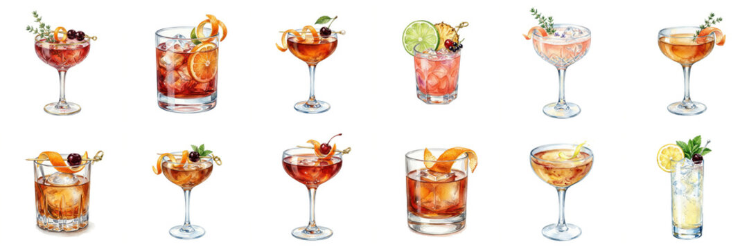 Watercolor Cocktail Illustrations Set for Menu Design and Bar Decor