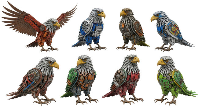 sculpted metal eagles varying colors pose on white studio setting artistry decor uses