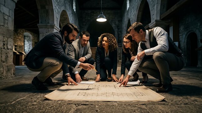 Professionals collaborating on floor plans in a historic building