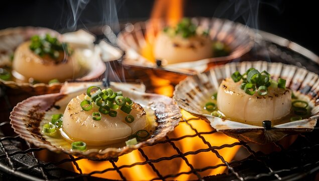 Grilled scallops with green garnish cooking over an open flame on a barbecue grill, showcasing gourmet seafood and culinary dining