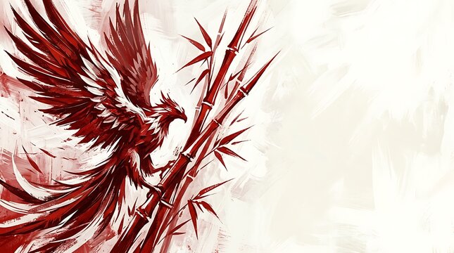 Mythical red bird perched on bamboo in painterly style
