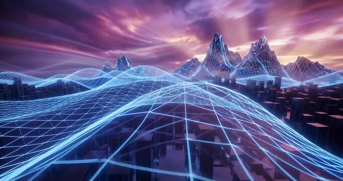 A futuristic digital landscape with glowing blue grid lines over mountains and a city under a dramatic sky.