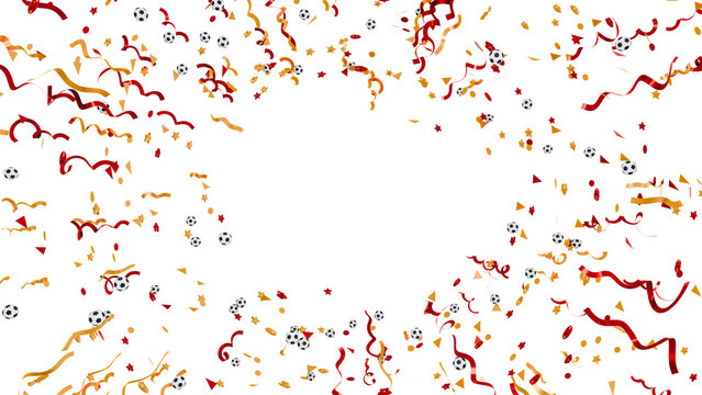 3d realistic render of spanish national football team celebration confetti frame with red and gold stars and mini soccer balls for world cup 2026 victory graphic design