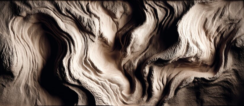 Abstract organic flowing patterns carved into textured stone with dramatic shadows and light