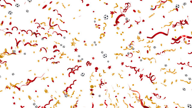 3d realistic render of festive spanish football celebration vignette featuring swirling red and gold ribbons with geometric confetti and mini soccer balls for world cup 2026