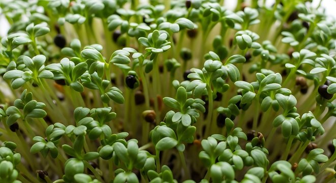 Fresh green garden cress microgreens growing closely together