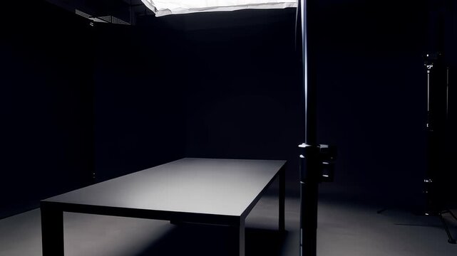 Empty studio table set up for product photography with professional lighting equipment in darkness