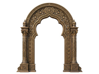 Fototapeta premium Golden Ornate Islamic Arabic Arch with Intricate Floral Carvings and Columns on Transparent Background — Architecture Concept Illustration