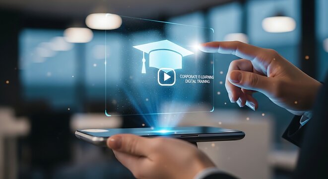 Holographic graduation cap and video icon for corporate e-learning and training