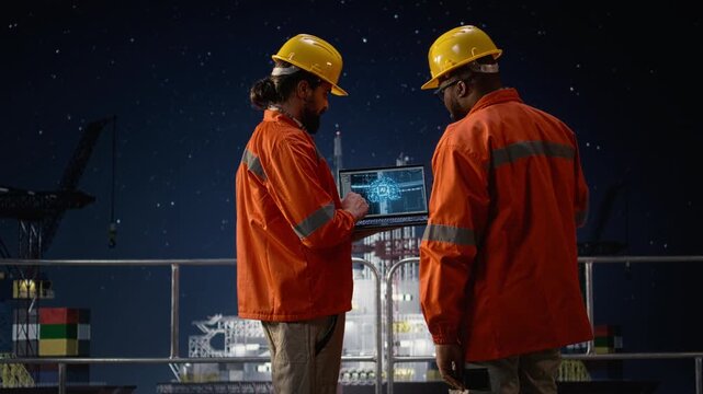 Managing disruptions with AI, blockade and drilling rig engineering team with offshore platform context during oil crisis.