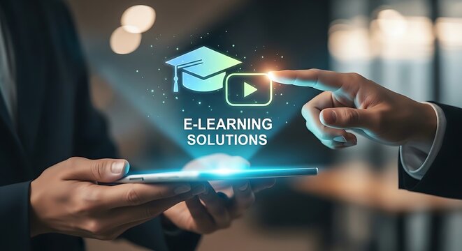 Holographic graduation cap and video icon for corporate e-learning and training