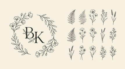 Fototapeta premium Elegant minimalist floral monogram wreath with botanical sketches concept for branding, wedding invitations, stationery design, and luxury logo identity