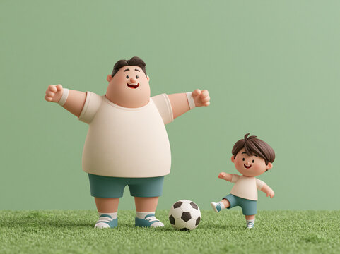 A happy man and a young boy playing with a soccer ball on a green grass field in a 3d rendered style
