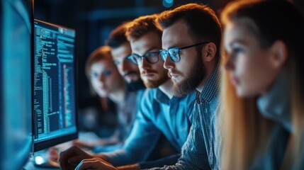 Fototapeta premium Focused Team of Developers Coding in a Dark, Modern Office Environment