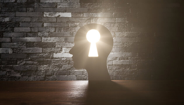 Silhouette of a human head profile featuring a bright glowing keyhole cut out against a textured dark brick wall