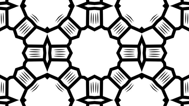 Kaleidoscope geometric patterns repeat across a stark black background. monochrome ornament.