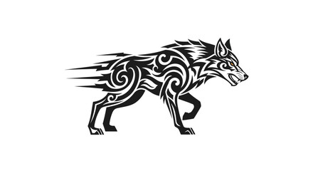 Obraz premium Tribal wolf tattoo design, stylized predator in motion, black and white graphic