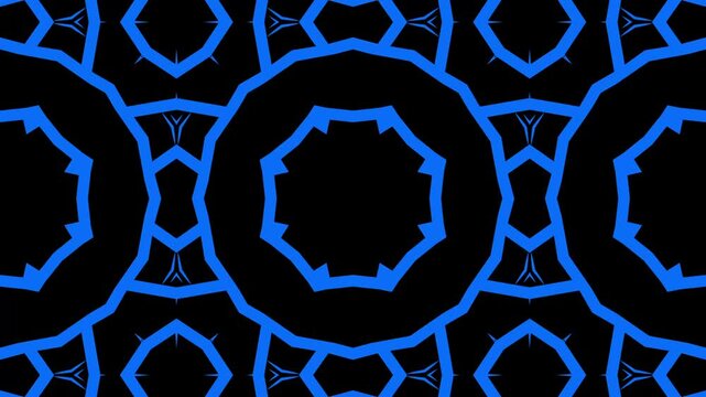 Kaleidoscope geometric patterns repeat across a stark black background. blue symmetric motion.