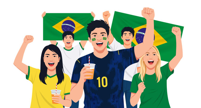 Vector illustration of enthusiastic Brazilian football fans cheering with flags and team-inspired Brazilian away jerseys. Ideal for sports event promotions, fan culture content, and football supporter