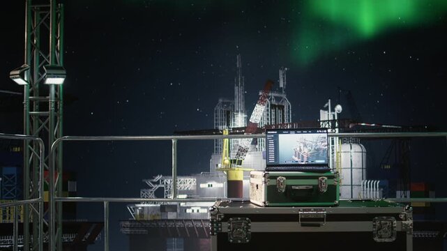 Laptop interface showing fuel metrics on drilling rig during oil crisis while a notebook under northern lights detects oil resources during energy conflict, offshore energy industry context.