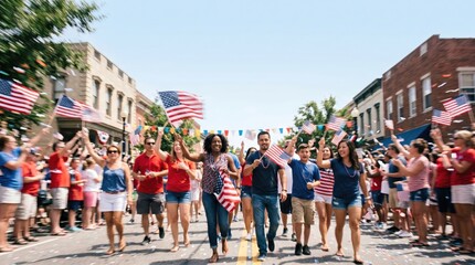 Fototapeta premium Diverse group of happy multiethnic friends walking in a festive community parade holding American flags celebrating national holiday with confetti in the air