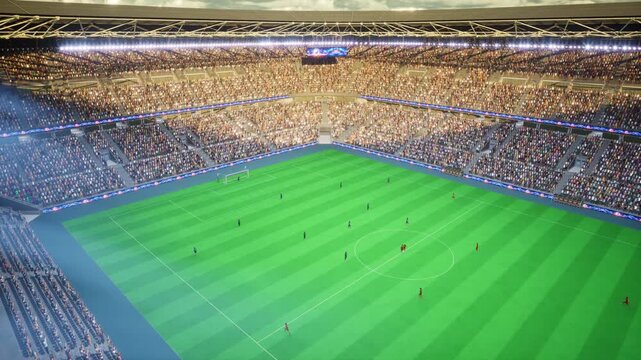 3D rendered soccer players running across green stadium turf during match played at dusk. Animation of fans gathering inside football arena lit by sunset to watch athletes compete in global cup