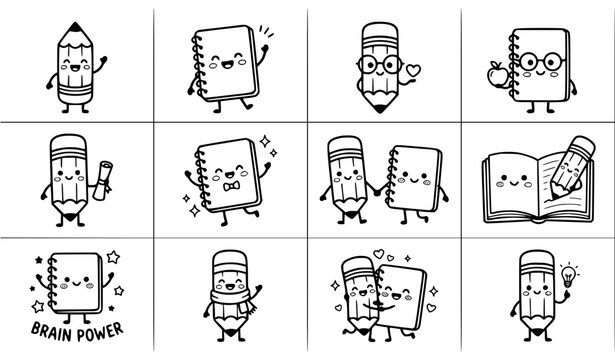 Cute Pencil and Notebook Cartoon Character Bundle, 12 Black and White Vector Illustrations of School Supplies, Isolated Bold Outline Stationery Clipart Set for KDP Coloring Books and Stickers