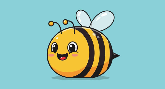 Cute cartoon bee with happy face on blue background, vector illustration