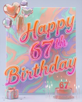Pastel Marble Inspired Happy 67th Birthday Composition with Glossy Typography Heart Balloons Gift Box and Number 67 Cake Decoration