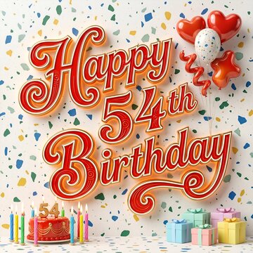 Bright Retro Celebration Artwork with Happy 54th Birthday Typography Colorful Balloons Wrapped Gifts and Confetti Pattern Background
