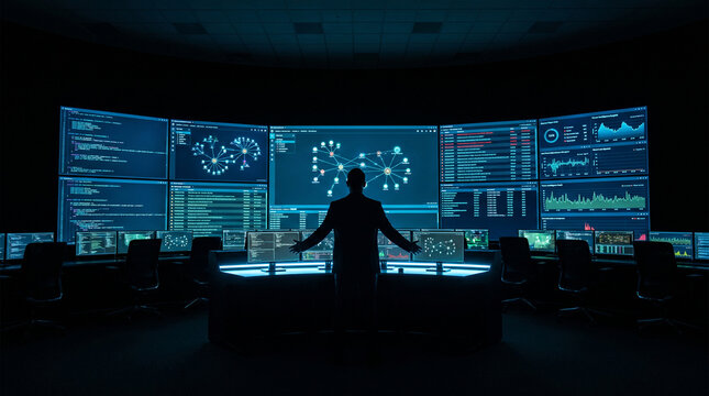 Silhouetted Security Analyst at NOC Workstation with Cybersecurity Monitor Wall