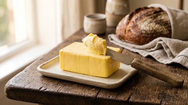 Commercial close-up studio food photography of a fresh block of butter with an elegant decorative butter curl on top &ndash; premium dairy product advertising, artisan bakery ingredients branding, and gourm