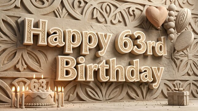 Carved Stone Wall Artwork Presenting Happy 63rd Birthday Message with Sculpted Balloons Decorative Gift Box and Candlelit Cake