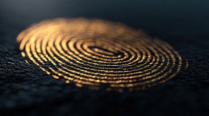 Naklejka premium A biometric fingerprint scan glows gold on a dark surface with soft background blur, highlighting trust and security in a luxury setting.