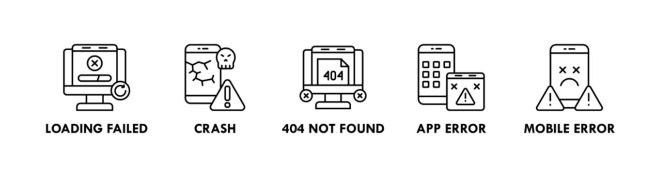 Error Pages banner web icon illustration concept with icon of loading failed, crash, 404 not found, app error, and mobile error