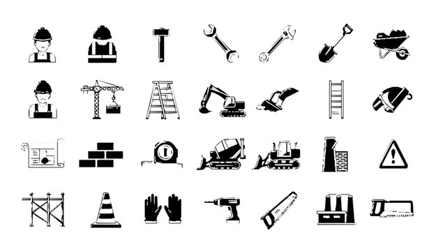 Labor and Construction Flat Icon Set with Workers Tools Machinery and Building Symbols