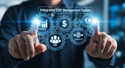Fototapeta premium Admin touching holographic gears with finance, hr, and logistics icons for erp system.
