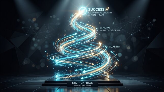Business growth spiral with arrows from startup phase to success exponential growth global impact and market leadership
