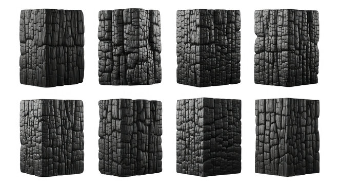 close-up view of charred wood blocks on a white surface various wood textures digital design