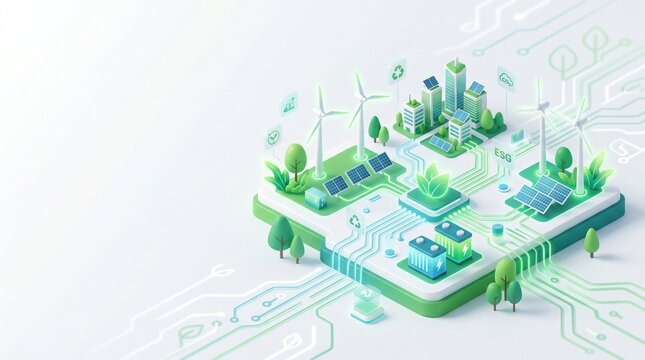 Sustainable smart city concept with renewable energy sources and digital network integration
