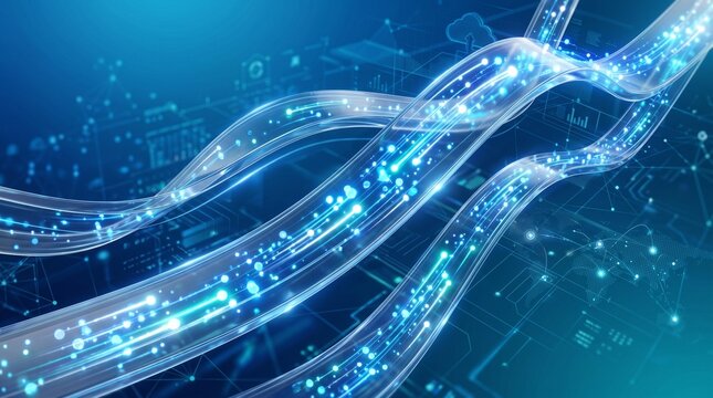 Abstract digital data streams flowing through fiber optic cables with glowing particles and network connections on a blue background