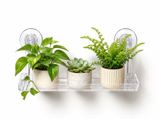 Fototapeta premium Minimal clear shelf houseplants for tidy home organization on white background