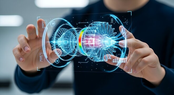 Manipulating holographic 3D model of an engine for digital twin and engineering.