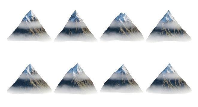digitally rendered eight isolated mountain peaks ice capped with cloud formations against white background for creative design or illustration