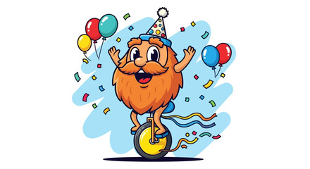 Cartoon Bearded Man Riding a Unicycle at a Birthday Party © Choirul