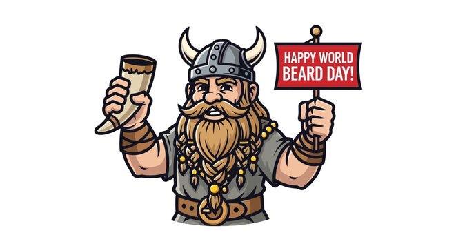 Cartoon Viking Celebrating World Beard Day with Horn and Sign