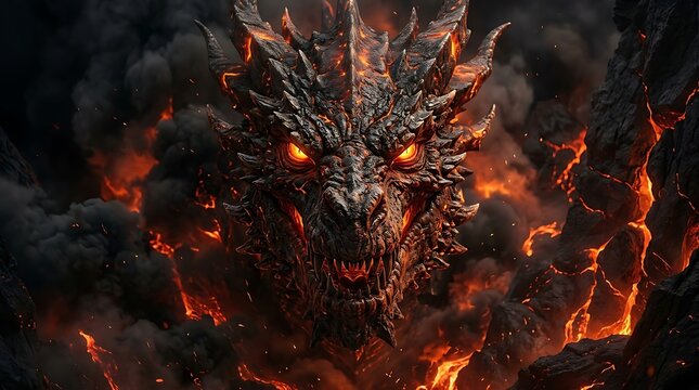 Fierce fire dragon head emerging from dark volcanic smoke and glowing molten lava.