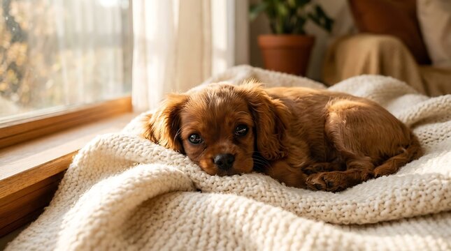 A cute brown Cavalier King Charles Spaniel puppy resting on a soft white blanket by a sunny window.