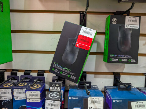 MONTREAL, CANADA, 22 December 2025 : Gaming mouse products display shelf